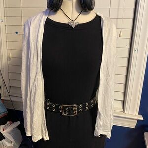 White Cardigan with Black Dress and Belt